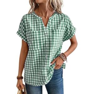 image:imagechouyatou Womens V Neck Gingham Button Down Cotton Shirt Plaid Blouses Short Sleeve Summer Tunic TopsGreen