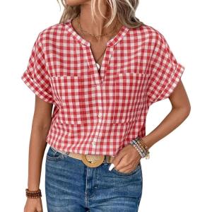 image:imagechouyatou Womens V Neck Gingham Button Down Cotton Shirt Plaid Blouses Short Sleeve Summer Tunic TopsRed