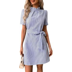 image:imagechouyatou Womens Vertical Striped Puff Short Sleeve Work Casual Shift Mini Dress with BeltBlue