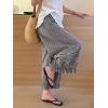 image:imagechouyatou Women 2026 Summer Ruffle Hem Crop Cotton Linen Pants Beach Plaid Gingham Wide Leg Pants PalazzosBlack