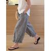 image:imagechouyatou Women 2026 Summer Ruffle Hem Crop Cotton Linen Pants Beach Plaid Gingham Wide Leg Pants PalazzosBlack