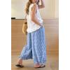 image:imagechouyatou Women 2026 Summer Ruffle Hem Crop Cotton Linen Pants Beach Plaid Gingham Wide Leg Pants PalazzosBlue