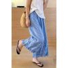 image:imagechouyatou Women 2026 Summer Ruffle Hem Crop Cotton Linen Pants Beach Plaid Gingham Wide Leg Pants PalazzosBlue