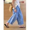 image:imagechouyatou Women 2026 Summer Ruffle Hem Crop Cotton Linen Pants Beach Plaid Gingham Wide Leg Pants PalazzosBlue