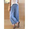 image:imagechouyatou Women 2026 Summer Ruffle Hem Crop Cotton Linen Pants Beach Plaid Gingham Wide Leg Pants PalazzosBlue