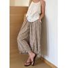 image:imagechouyatou Women 2026 Summer Ruffle Hem Crop Cotton Linen Pants Beach Plaid Gingham Wide Leg Pants PalazzosCoffee