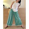 image:imagechouyatou Women 2026 Summer Ruffle Hem Crop Cotton Linen Pants Beach Plaid Gingham Wide Leg Pants PalazzosGreen