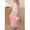 image:imagechouyatou Women 2026 Summer Ruffle Hem Crop Cotton Linen Pants Beach Plaid Gingham Wide Leg Pants PalazzosPink