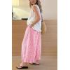 image:imagechouyatou Women 2026 Summer Ruffle Hem Crop Cotton Linen Pants Beach Plaid Gingham Wide Leg Pants PalazzosPink