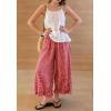 image:imagechouyatou Women 2026 Summer Ruffle Hem Crop Cotton Linen Pants Beach Plaid Gingham Wide Leg Pants PalazzosRed