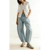 image:imagechouyatou Women Baggy Polka Dot Barrel Jeans Y2K Floral Print Wide Leg Jeans Boyfriend Denim Ankle PantsLight Blue