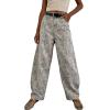image:imagechouyatou Women Casual Floral Printed Baggy Barrel Jeans Y2K Crop Wide Leg Jeans Boyfriend Denim Ankle PantsBeige