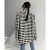 image:imagechouyatou Women Checkered Tweed Blazer Trench Coat Notch Lapel Mid Long Business Casual Jacket OuterwearBlack