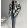 image:imagechouyatou Women Checkered Tweed Blazer Trench Coat Notch Lapel Mid Long Business Casual Jacket OuterwearBlack