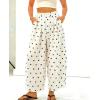 image:imagechouyatou Women Summer Boho Cotton Linen Polka Dot Pants Beach Elastic Waist Palazzo Wide Leg Barrel PantsBeige Black