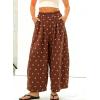 image:imagechouyatou Women Summer Boho Cotton Linen Polka Dot Pants Beach Elastic Waist Palazzo Wide Leg Barrel PantsBrown