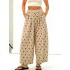 image:imagechouyatou Women Summer Boho Cotton Linen Polka Dot Pants Beach Elastic Waist Palazzo Wide Leg Barrel PantsKhaki Brown