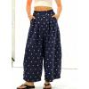 image:imagechouyatou Women Summer Boho Cotton Linen Polka Dot Pants Beach Elastic Waist Palazzo Wide Leg Barrel PantsNavy Blue