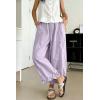 image:imagechouyatou Women Summer Ruffle Hem Cotton Linen Pants Cute Elastic Waist Crop Casual Wide Leg Palazzo PantsPurple