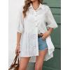 image:imagechouyatou Womens Boho Eyelet Lace Embroidery Button Down Shirts Short Sleeve High Low Crochet Long Tunic TopsWhite
