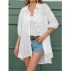 image:imagechouyatou Womens Boho Eyelet Lace Embroidery Button Down Shirts Short Sleeve High Low Crochet Long Tunic TopsWhite