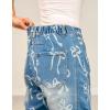 image:imagechouyatou Womens Bow Print Mid Rise Barrel Jeans Wide Leg Baggy Loose Y2k Boyfriend Denim Pants JeansBlue