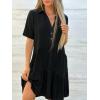 image:imagechouyatou Womens Button Up Polo Collared Cotton Linen Loose Dress Short Sleeve Ruffle Babydoll Tunic Mini DressBlack