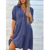 image:imagechouyatou Womens Button Up Polo Collared Cotton Linen Loose Dress Short Sleeve Ruffle Babydoll Tunic Mini DressBlue