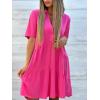 image:imagechouyatou Womens Button Up Polo Collared Cotton Linen Loose Dress Short Sleeve Ruffle Babydoll Tunic Mini DressRose Red