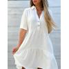 image:imagechouyatou Womens Button Up Polo Collared Cotton Linen Loose Dress Short Sleeve Ruffle Babydoll Tunic Mini DressWhite