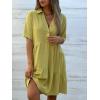 image:imagechouyatou Womens Button Up Polo Collared Cotton Linen Loose Dress Short Sleeve Ruffle Babydoll Tunic Mini DressYellow Green