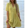 image:imagechouyatou Womens Button Up Polo Collared Cotton Linen Loose Dress Short Sleeve Ruffle Babydoll Tunic Mini DressYellow Green