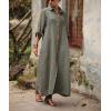 image:imagechouyatou Womens Elegant Pleated Button Down Maxi Shirt Dress Rolled Up Long Sleeve Loose Fit Tunic Shift Long DressArmy Green
