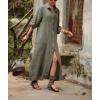 image:imagechouyatou Womens Elegant Pleated Button Down Maxi Shirt Dress Rolled Up Long Sleeve Loose Fit Tunic Shift Long DressArmy Green