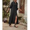 image:imagechouyatou Womens Elegant Pleated Button Down Maxi Shirt Dress Rolled Up Long Sleeve Loose Fit Tunic Shift Long DressBlack