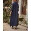 image:imagechouyatou Womens Elegant Pleated Button Down Maxi Shirt Dress Rolled Up Long Sleeve Loose Fit Tunic Shift Long DressNavy Blue