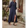 image:imagechouyatou Womens Elegant Pleated Button Down Maxi Shirt Dress Rolled Up Long Sleeve Loose Fit Tunic Shift Long DressNavy Blue