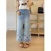 image:imagechouyatou Womens Eyelet Embroidery High Waisted Flared Straight Leg Jeans Y2k Loose Denim Cropped PantsLight Blue