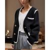 image:imagechouyatou Womens Fall VNeck Contrast Color Knit Cardigan Sweater Double Breasted Tweed Sweater BlazerBlack