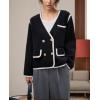 image:imagechouyatou Womens Fall VNeck Contrast Color Knit Cardigan Sweater Double Breasted Tweed Sweater BlazerBlack