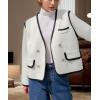 image:imagechouyatou Womens Fall VNeck Contrast Color Knit Cardigan Sweater Double Breasted Tweed Sweater BlazerWhite