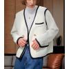 image:imagechouyatou Womens Fall VNeck Contrast Color Knit Cardigan Sweater Double Breasted Tweed Sweater BlazerWhite