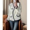 image:imagechouyatou Womens Fall VNeck Contrast Color Knit Cardigan Sweater Double Breasted Tweed Sweater BlazerWhite