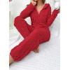 image:imagechouyatou Womens Furry Sherpa Onesie Pajamas Lounge Heart Jacquard One Piece Romper Cute Ear Hood JumpsuitRed