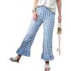 image:imagechouyatou Womens Gingham Ruffle Hem Palazzo Trousers Flared Leg Elastic Waist Wide Leg Cotton Crop PantsBlue