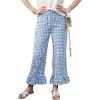 image:imagechouyatou Womens Gingham Ruffle Hem Palazzo Trousers Flared Leg Elastic Waist Wide Leg Cotton Crop PantsBlue