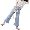 image:imagechouyatou Womens Gingham Ruffle Hem Palazzo Trousers Flared Leg Elastic Waist Wide Leg Cotton Crop PantsBlue
