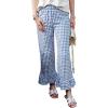 image:imagechouyatou Womens Gingham Ruffle Hem Palazzo Trousers Flared Leg Elastic Waist Wide Leg Cotton Crop PantsBlue