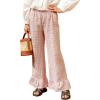 image:imagechouyatou Womens Gingham Ruffle Hem Palazzo Trousers Flared Leg Elastic Waist Wide Leg Cotton Crop PantsPink