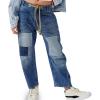 image:imagechouyatou Womens Patchwork Mid Rise Barrel Jeans Wide Leg Baggy Loose Y2k Boyfriend Denim Pants JeansDark Blue
